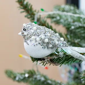 白色泡沫人造鸟工艺品装饰品圣诞树季节性展示花环服装肩部装饰品