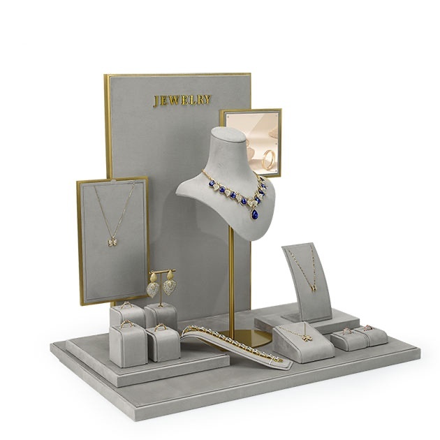 Jinsky Jewelry Store Showcase Metal Jewelry Display Set Stand Ring Earrings Necklace Bracelet Jewelry Gray Display Holder Sets
