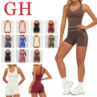 Ensemble de sport et yoga 2 pièces pour femme GH Factory – Color Block avec logo frontal, Spandex/Nylon, haute extensibilité, shorts de gym et de course brossés