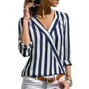 New long sleeve women chiffon shirt blouse v-neck ladies summer stripe top