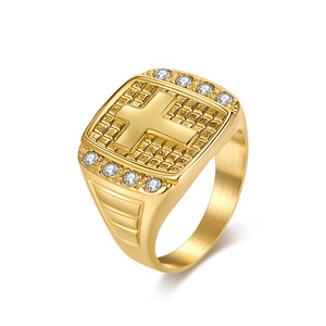 Men's Cross <b>Titanium</b> Steel <b>Ring</b> Gold <b>Black</b> Silver Pave Setting Religious Jewelry Fashion Gift - Product Image 5