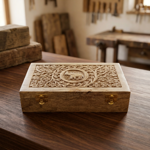 Hand Carved Wooden Jewelry <b>Box</b> Elephant Design <b>Floral</b> Pattern <b>Storage</b> Organizer Case Uttarakhand M/S Huda Handicraft Home Decor - Product Image 1