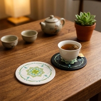 Elegante Getränkeuntersetzer im Chinesischen Stil aus PU-Leder, Wasserdicht, Rund 10x10cm, Kaffeetassen-Untersetzer, Teetassen-Unterlage