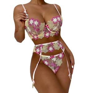 Nouvelle lingerie sexy pour femmes en dentelle de nylon brodée, bretelles, <span class=keywords><strong>ensemble</strong></span> trois pièces sans armature - Product Image 5