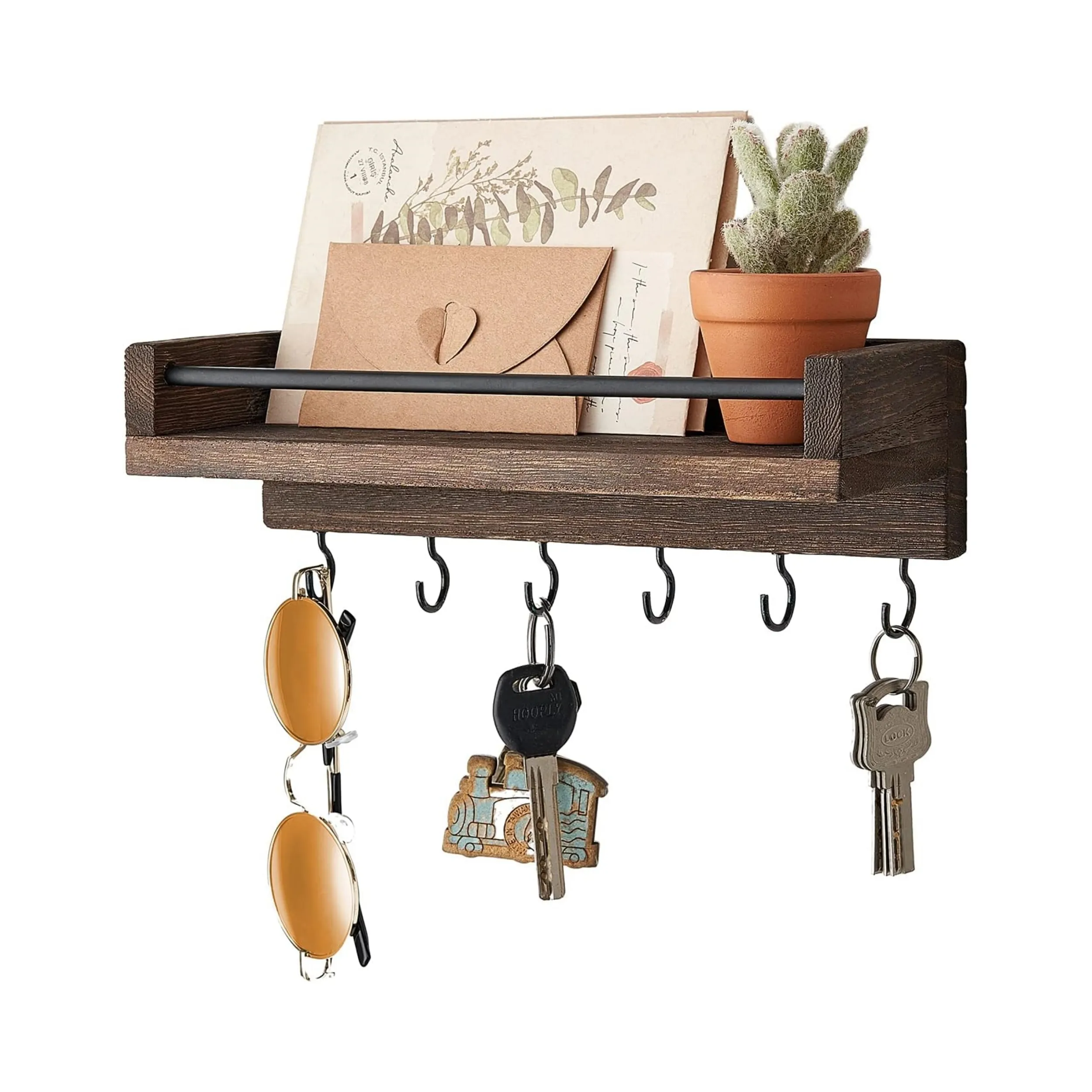 Wooden Mail and Key Organizer Solid Wood Wall Mounted Wooden Mail and Key Holder Wall Shelf with 6 Key Hooks