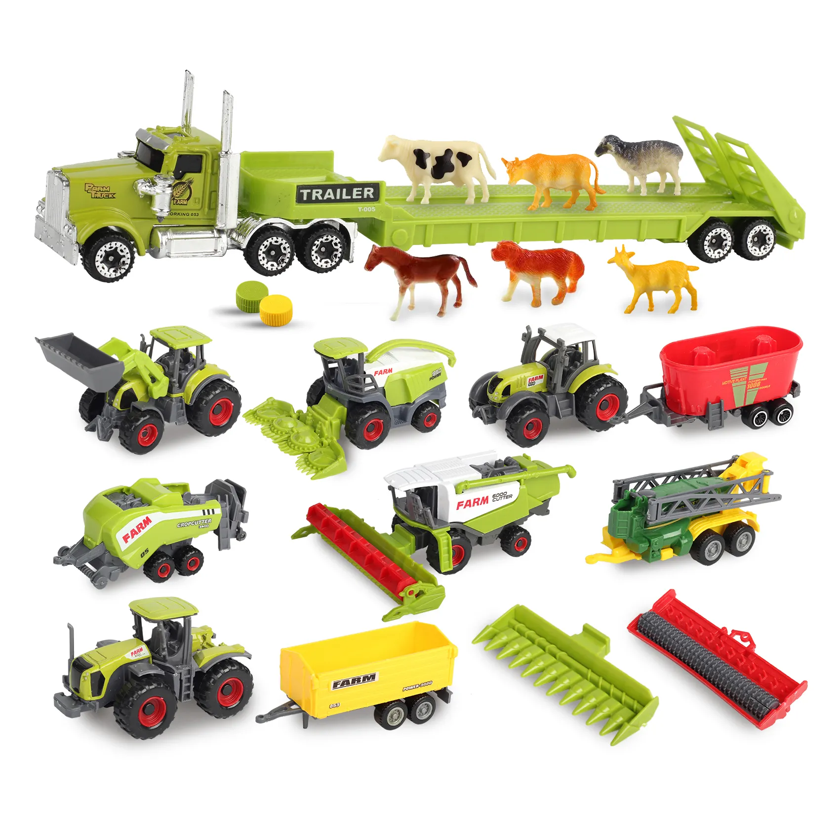 SunQ grosir 1:64 logam campuran kembali petani panen Set mainan Pertanian mobil traktor Die Cast model Pertanian