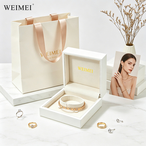 WEIMEI Custom Logo Luxury Cream PU Leather Jewelry <b>Box</b> and Matching Paper <b>Gift</b> Bag for Ring <b>Necklace</b> Bracelet Packaging Set - Product Image 3