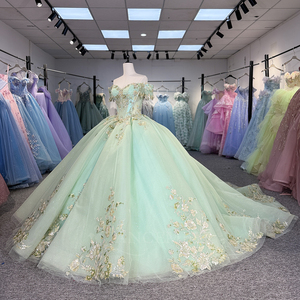 Robe de bal de princesse exquise Dy1512 verte pour Quinceañera, ornée de sequins, de perles et de volants, taille naturelle, traîne chapelle - Product Image 5