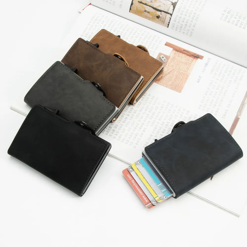 Casekey 2023 Vintage Classic PU Leather Card Holder RFID Business Pop Up Card Case Mini Smart Leather Wallet