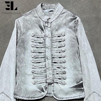 Veste Bomber en Jean Délavé et Teint Sur Mesure LARSUR, Style Napoléon, Coupe Slim, Col Montant, Courte, Type Moto, Veste Hussar en Jean