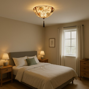 Belvedere ampio paralume in tessuto Tiffany, 3 luci a soffitto a filo/Semi filo. - Product Image 6