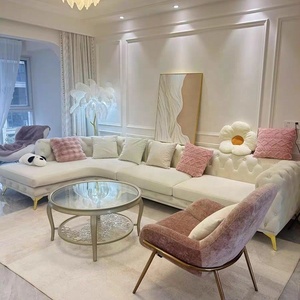 Juego de Sofás Seccionales de Tela Rosa de Estilo Americano Europeo, Esponja de Alta Densidad, Botones Decorativos de Lujo, Forma Curva - Product Image 5