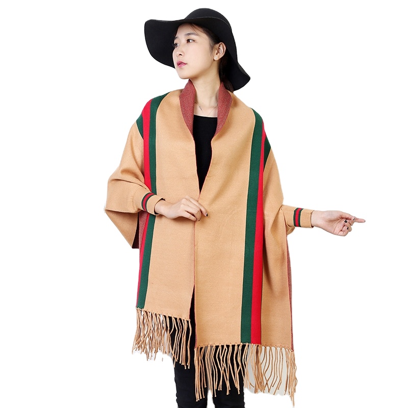 Модная женская зимняя шаль, шарф, двустороннее Полосатое одеяло, пончо с рукавами