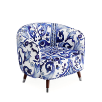 Fauteuil d'appoint de luxe, design bleu et blanc à motifs, structure en bois massif, chaise longue pour villa, manoir, siège d'appoint distinctif