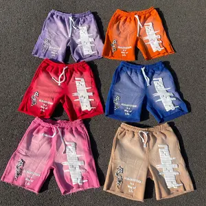 Shorts masculinos de algodão 100% vintage com estampa de espuma 3D para academia, shorts de moletom com logotipo personalizado