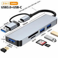 Hub USB Multi Port 5-in-1 Aluminium, Adaptor USB Tipe C Dual Head, Pembaca Kartu SD TF Terintegrasi, Splitter USB Portabel