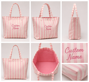 Wholesale Custom Large Capacity Pink And <b>White</b> Canvas <b>Bag</b> Custom 3D Embroidery Letter Logo Stripe Canvas Tote <b>Bag</b> - Product Image 4