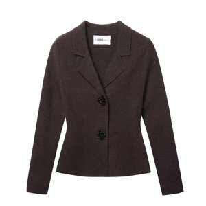 Veste de costume ajustée en maille marron pour femme, deux boutons, ornée de bijoux, couleur café, taille SML, style fashionista urbain - Product Image 1