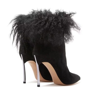Handmade Fur Soft Suede New Design Dress Shoes Custom Made High Slim Heels Pointy Toe Women Ankle <b>Boots</b> - Product Image 3