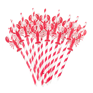 Pailles à boire en papier sur le thème du homard, rayées rouge et blanc, pour cocktails et fêtes nautiques - Product Image 2