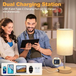 พอร์ตชาร์จ USB C+ โคมไฟตั้งโต๊ะ LED พร้อมโคมไฟผ้าลินิน ตัวโคมไฟเหล็ก ปลั๊กยุโรปสำหรับตกแต่งห้องนอน/ห้องนั่งเล่น - Product Image 2