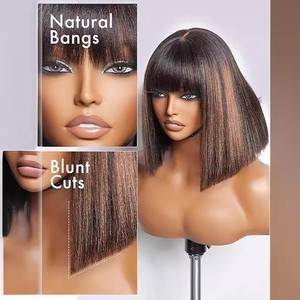 Parrucche Bob <span class=keywords><strong>Castano</strong></span> Chiaro con Frangia Diritta in Fibra Sintetica Resistente al Calore per Donne, Stile Europeo-Americano - Product Image 2