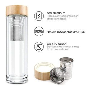 Custom Bamboo Lid 400ml Double Wall Borosilicate Glass Tumbler with <b>Tea</b> <b>Infuser</b> Direct Drinking Eco-Friendly for Presents - Product Image 3