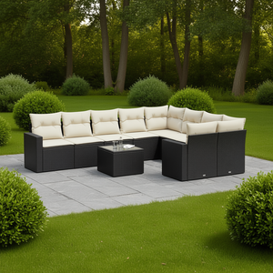 Garden Sofa Set 10 Piece <b>Black</b> PE Rattan Steel <b>Frame</b> Tempered Glass Outdoor Furniture Contemporary Design - Product Image 3