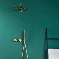 Robinet de salle de bain en laiton à double poignée encastré, finition or brossé, avec cartouche céramique et jets de massage et de pulvérisation