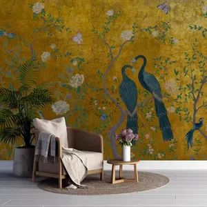 Chinoiserie bunga derek burung merak dinding Mural Wallpaper Vintage untuk ruang tamu dekorasi restoran