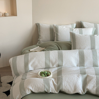 Parure de lit gaufrée rayée vert clair, résistante aux plis, facile à laver, 3 pièces, en polyester, pour hôtel et gîte
