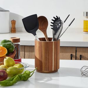 Wooden Cutlery Storage Box <b>Round</b> Eco-Friendly Kitchen Organizer For Utensils And Makeup <b>Brushes</b> - Product Image 3