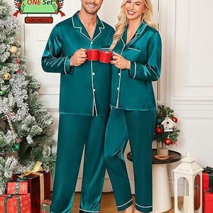 Conjunto de Pijamas de Satén Verde Personalizados al por Mayor, Conjuntos Familiares a Juego, <span class=keywords><strong>Manga</strong></span> Larga, Cuello Camisero, Ropa de Dormir Ecológica para Mamá y Papá - Product Image 2