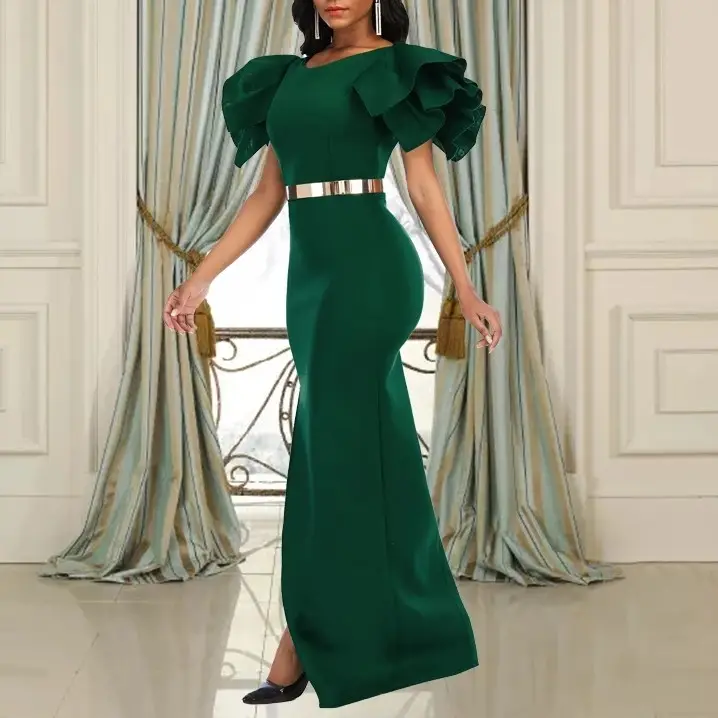 Fashion Ruffle Sleeves Slit Christmas Green Bodycon Celebrate Long Maxi Evening Female Club Vestidos Robes Women Party Dresses