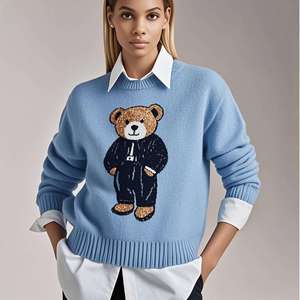 OEM Hàng dệt kim nhà máy tùy chỉnh thêu crewneck Jumper Hữu Cơ BCI bông Intarsia Jacquard đan Womens Áo len với gấu - Product Image 2