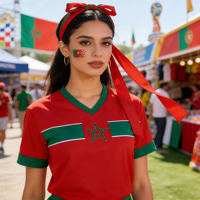 T-shirt personnalisé avec logo et motif drapeau marocain, respirant et à séchage rapide, avec accessoires pour cheveux et peinture faciale pour les jeux de ballon