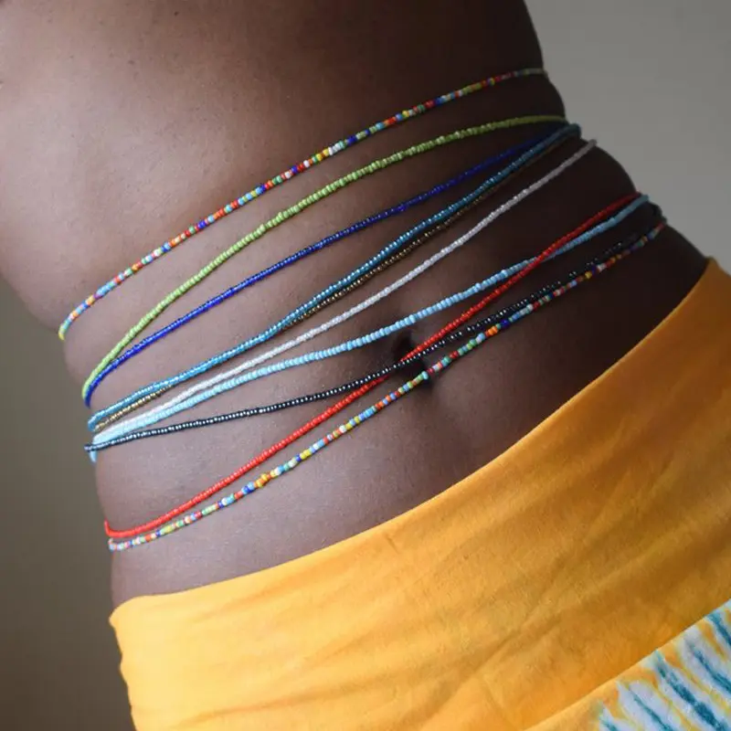 Drop Shipping 85cm 62 Color African Waist Beads Belly Chain Body Jewelry Bohemian Style Elastic Colorful Rice Bead Waist Chain