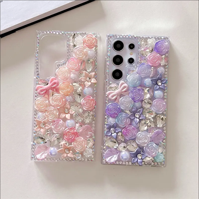 Luxury Women Girls Bling Glitter Crystal Bow Rose Flower Diamond Phone Case for Samsung S24 S23 S22 S21 Ultra Note20 Note10 A32