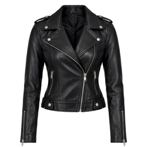 เสื้อแจ็คเก็ตหนัง PU สีดำสำหรับผู้หญิง ทรง Biker กันลม ซิปด้านหน้า ทรงเข้ารูป แขนยาว ถอดแยกชิ้นได้ สไตล์วินเทจลำลอง - Product Image 1