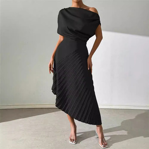 Robe longue plissée décontractée à manches courtes pour femme, en satin couleur unie, coupe ajustée et asymétrique, idéale pour les soirées et clubs – Collection Printemps-<span class=keywords><strong>Été</strong></span> - Product Image 3