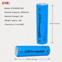 Batería de Iones de Litio Cilíndrica EVE18650 26V 3.6V 2650mah 1000 Ciclos para Bicicleta Eléctrica y Estación de Energía