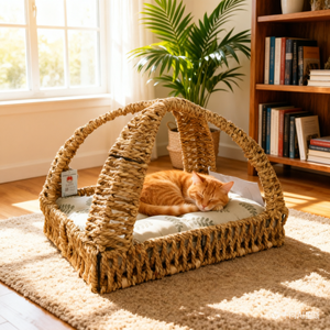 Lit pour chat en saule fait main, nid pour animaux en osier naturel tressé, utilisation intérieure, respirant, écologique, style animalier, coussin lavable - Product Image 1