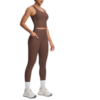 Setelan Yoga Dua Potong Warna Solid Berbahan Brushed Double-sided Breathable dengan Saku, Cocok untuk Olahraga Lari dan Fitness