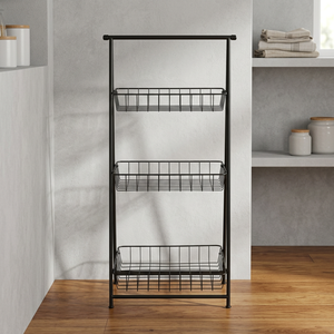3 Tier <b>Black</b> Metal Floor Standing Storage Rack with <b>Wire</b> Baskets Modern Iron <b>Shelf</b> Organizer - Product Image 1