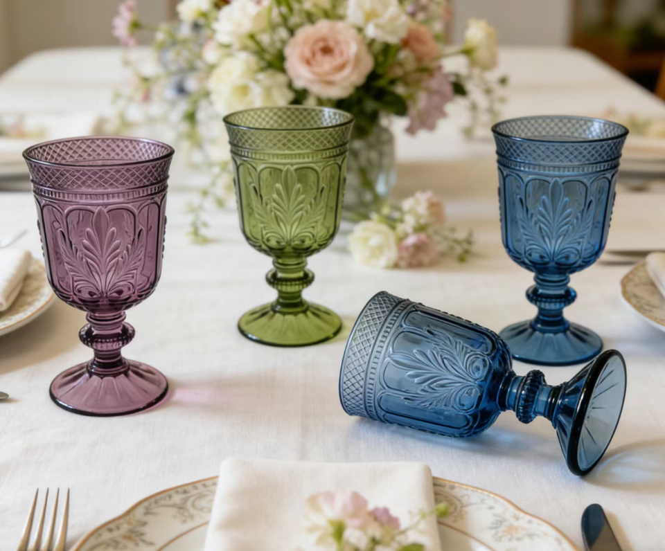 Vintage 300ml 350ml Glass Goblets Embossed Machine Made Pressed ...