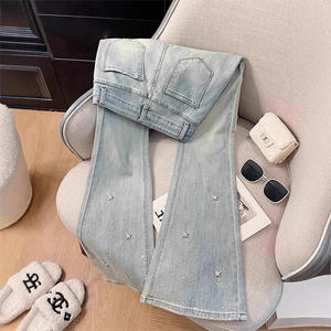 Jean évasé bleu clair pour femme, taille mi-haute, motif géométrique, polyester/coton, coupe classique, denim vintage, délavage clair, respirant, Nouveauté 2025 - Product Image 3