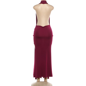 Viviblook Z0127DS Nouvelles Robes pour Femmes Élégantes et Sexy, Col Halter, Décolleté Profond en V, Dos Nu, Fendue, Couleur Unie, Robe Longue de Soirée - Product Image 6