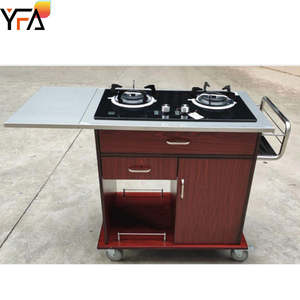 Troli Kompor Gas Ganda Merah Mewah Flambe, Troli Kayu Bergerak untuk Restoran, Peralatan Hotel Komersial, Troli Memasak - Product Image 5