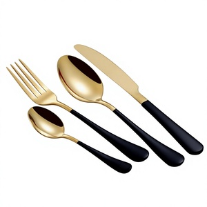 Nuevo Acero inoxidable Oro Pulido Nuevo estilo Cubiertos de diseñador con mango de diseño de extremo plano grueso negro Juego de cubiertos - Product Image 1