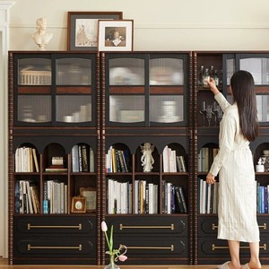 French Style <b>Solid</b> <b>Wood</b> <b>Bookcase</b> 80cm Modular Full Wall Storage Cabinet For Home Office Study Retro Floor To Ceiling Bookshelf - Product Image 1